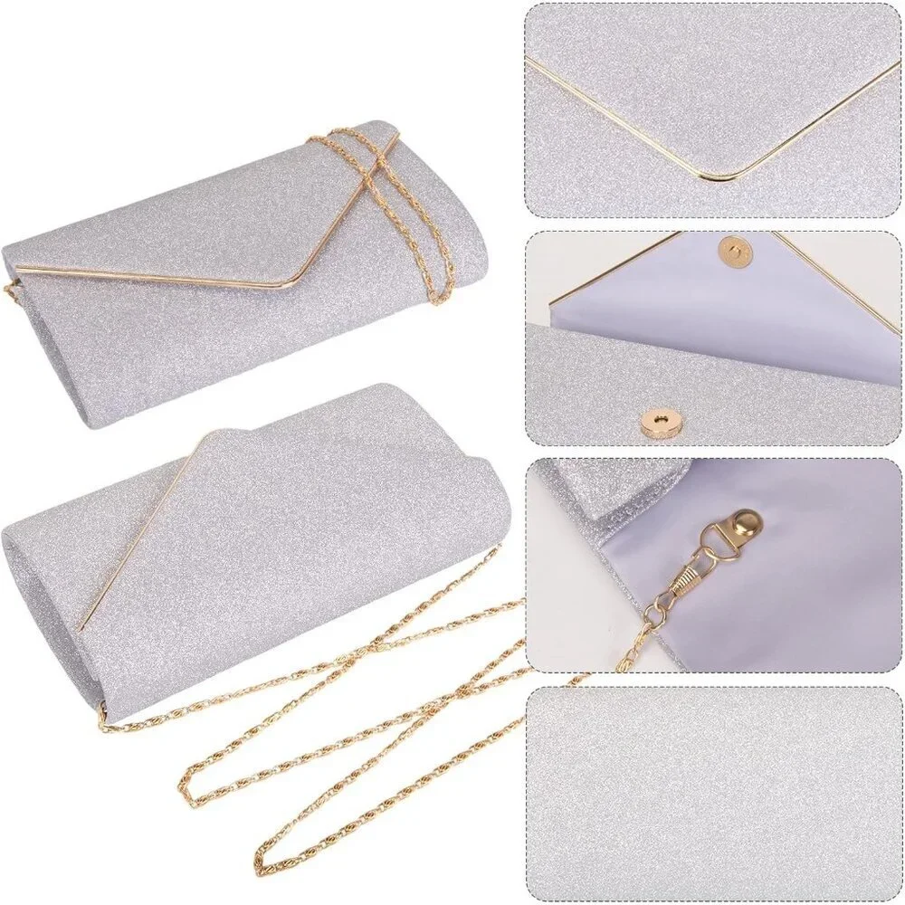 Women's Sparking Silver Envelope Bag With Detachable Chain Clutch Purses